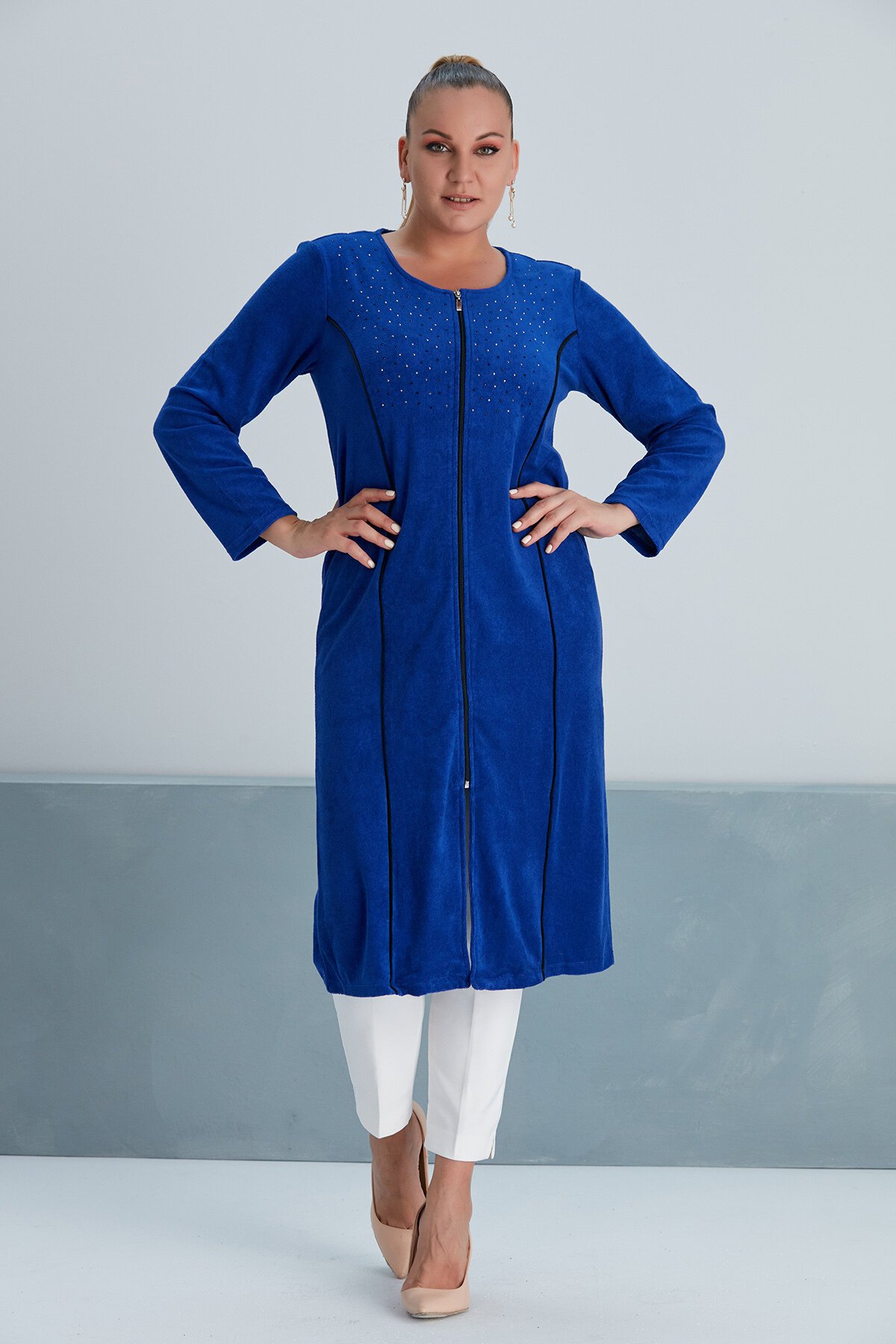 Kadın Yakası Taş Detay Fermuarlı Büyük Beden Curve Ev Plaj Midi Havlu Elbisesi