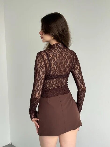 Kadın Yarım Balıkçı Yaka Full Esnek Dantel Bürümcük Spor Şık Tasarım Gece Bluzu