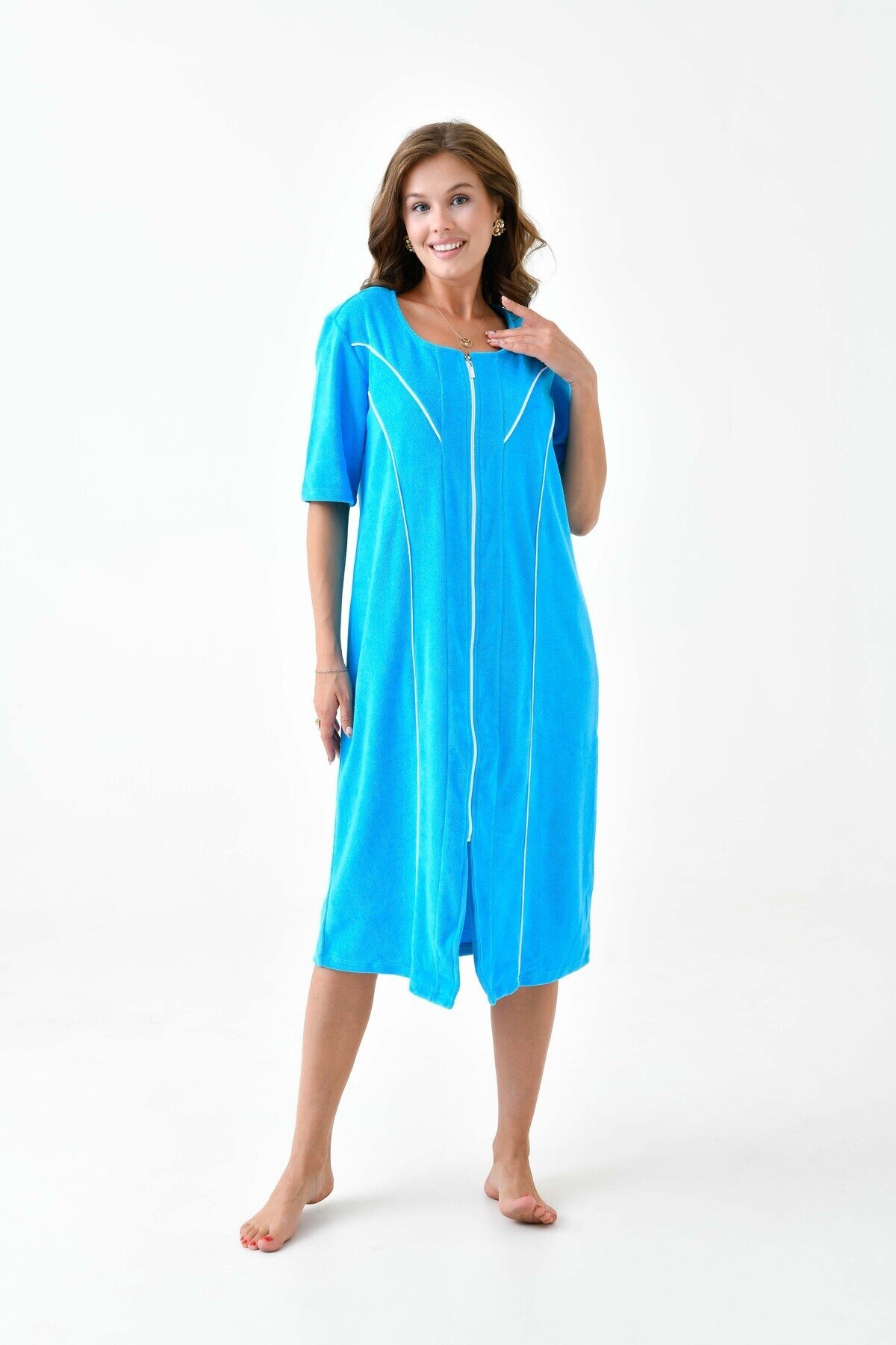 Kadın Yarım Kısa Kol Fermuarlı U Yaka Rahat Kalıp Büyük Beden Curve Ev Plaj Midi Havlu Elbise