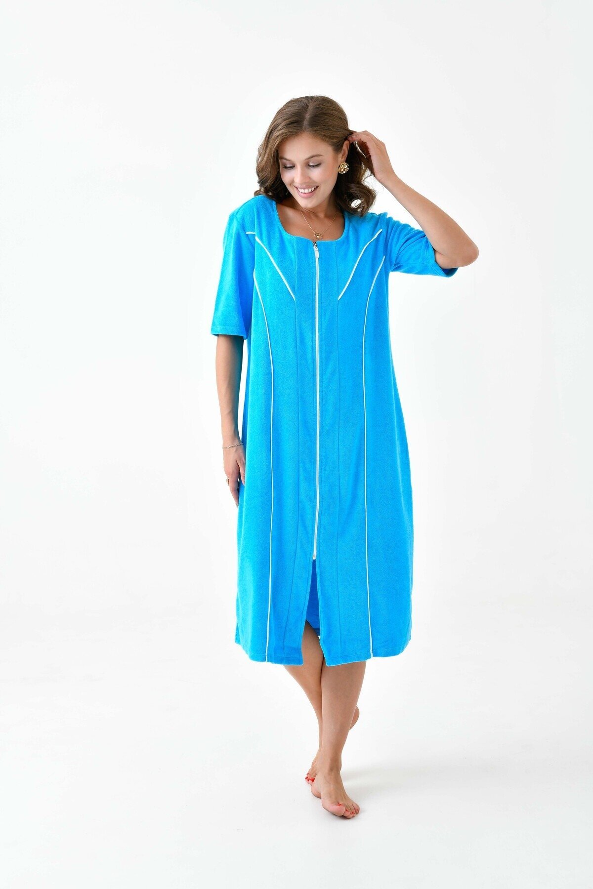 Kadın Yarım Kısa Kol Fermuarlı U Yaka Rahat Kalıp Büyük Beden Curve Ev Plaj Midi Havlu Elbise