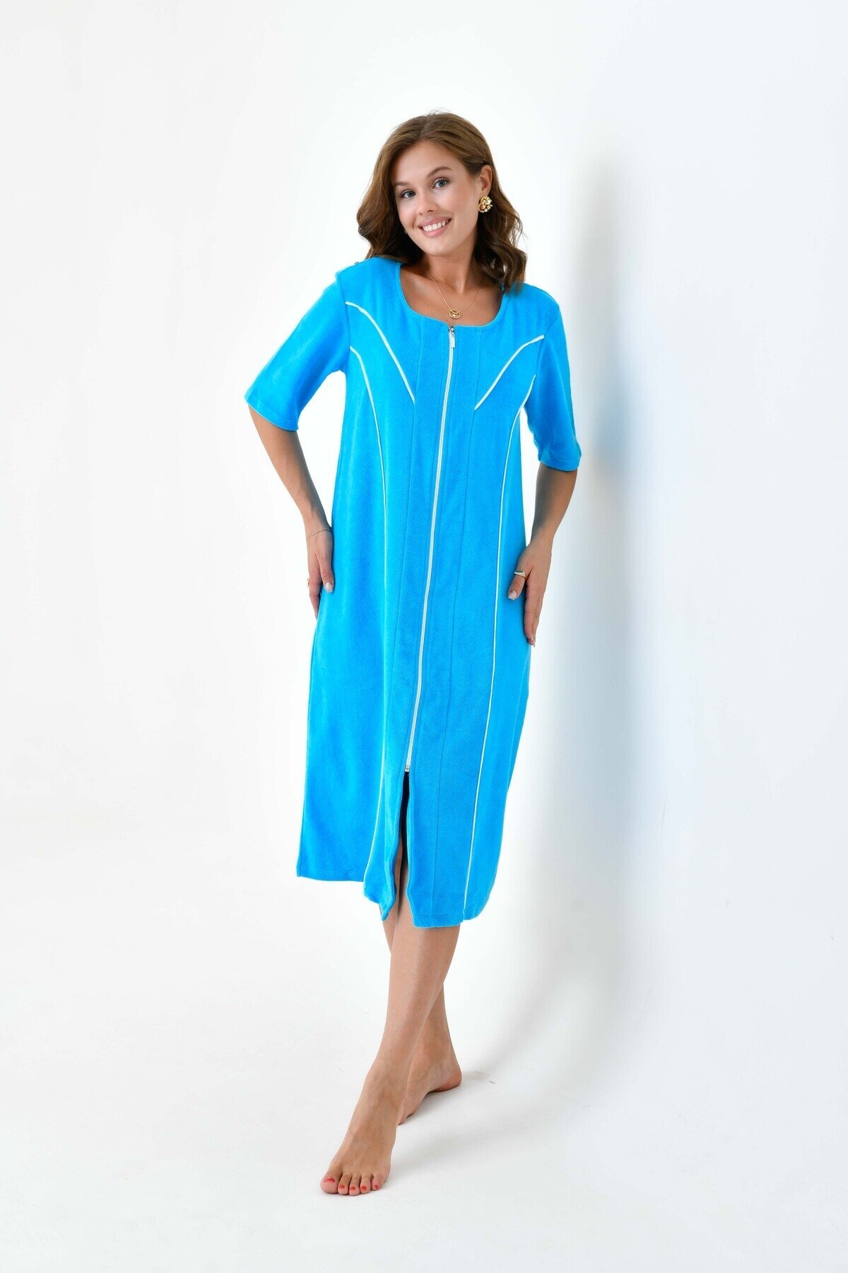 Kadın Yarım Kısa Kol Fermuarlı U Yaka Rahat Kalıp Büyük Beden Curve Ev Plaj Midi Havlu Elbise