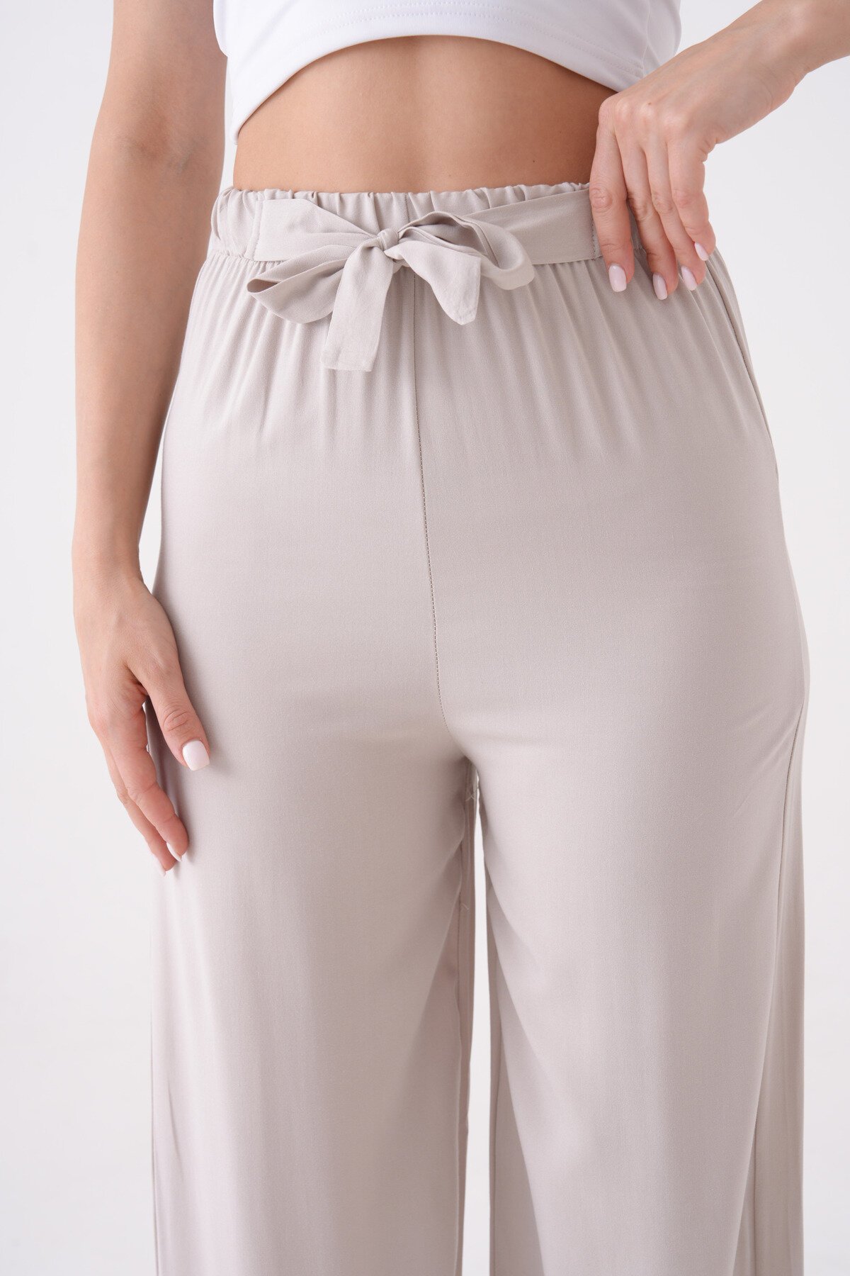 Kadın Yüksek Bel Kuşaklı %100 Viscose Pamuk Geniş Paça Şık Casual Büyük Beden Curve Pantolon