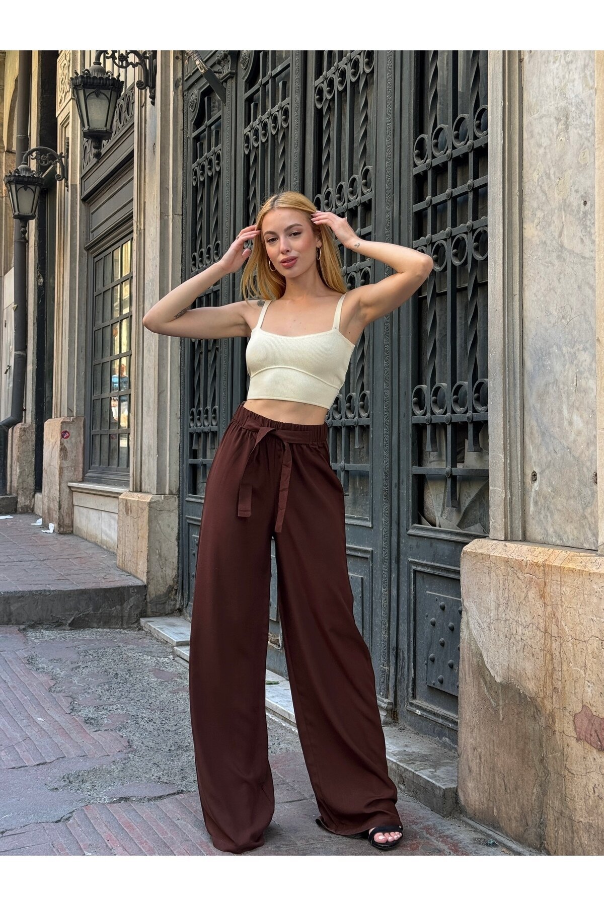 Kadın Yüksek Bel Kuşaklı %100 Viscose Pamuk Geniş Paça Şık Casual Büyük Beden Curve Pantolon