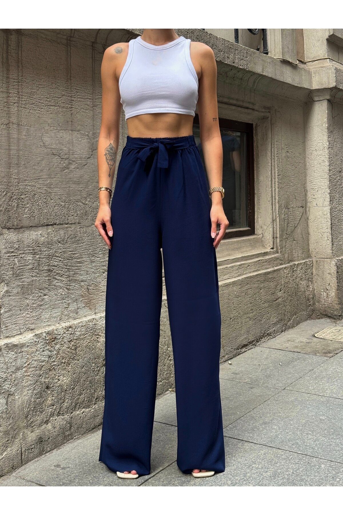 Kadın Yüksek Bel Kuşaklı %100 Viscose Pamuk Geniş Paça Şık Casual Büyük Beden Curve Pantolon