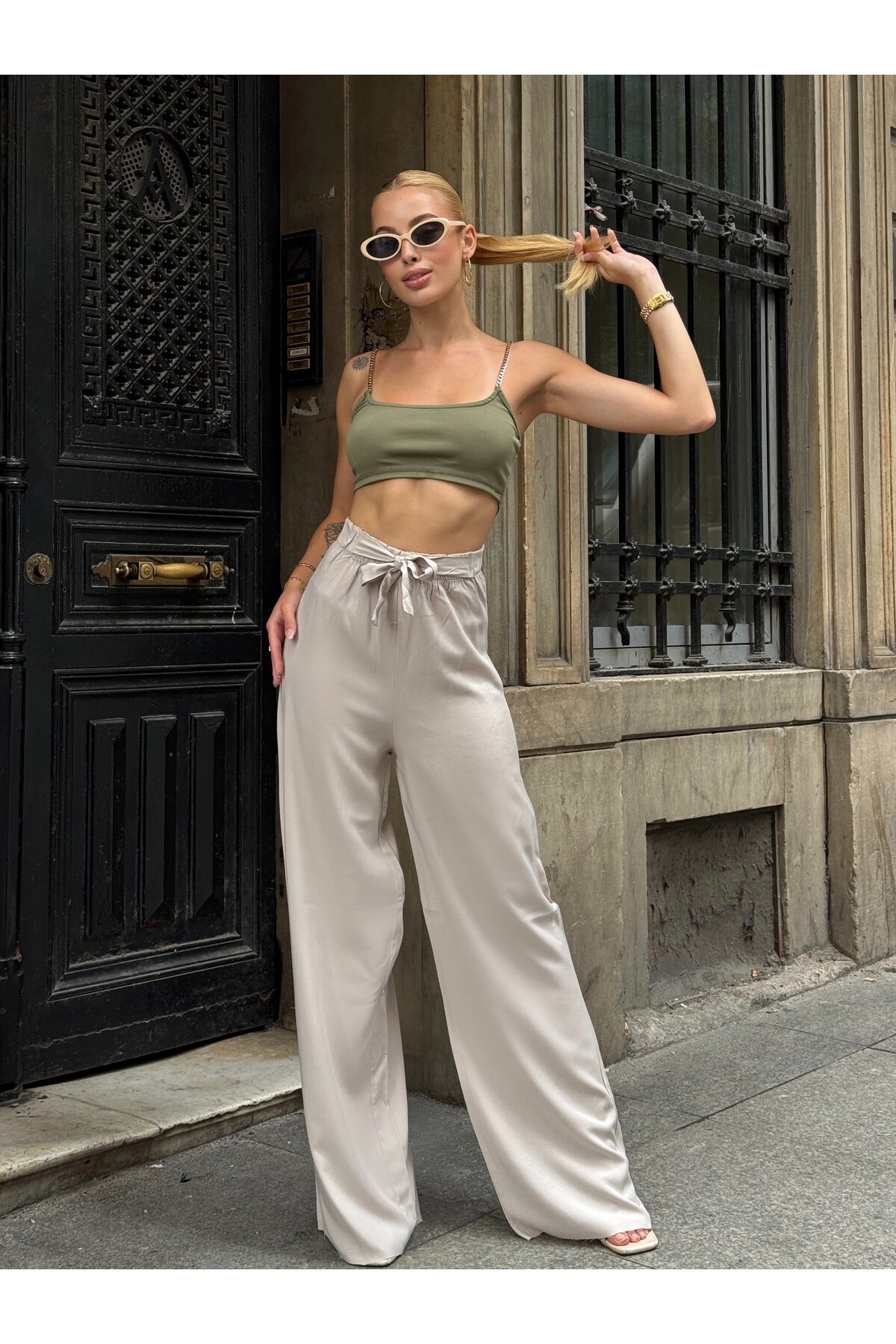 Kadın Yüksek Bel Kuşaklı %100 Viscose Pamuk Geniş Paça Şık Casual Büyük Beden Curve Pantolon