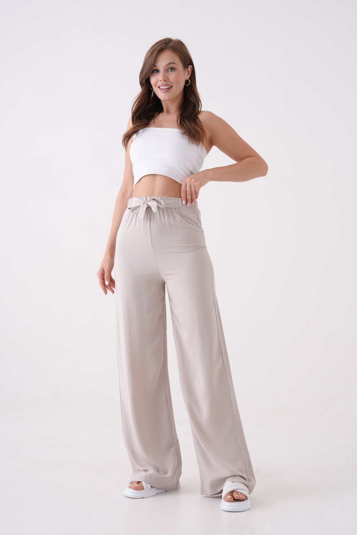 Kadın Yüksek Bel Kuşaklı %100 Viscose Pamuk Geniş Paça Şık Casual Büyük Beden Curve Pantolon