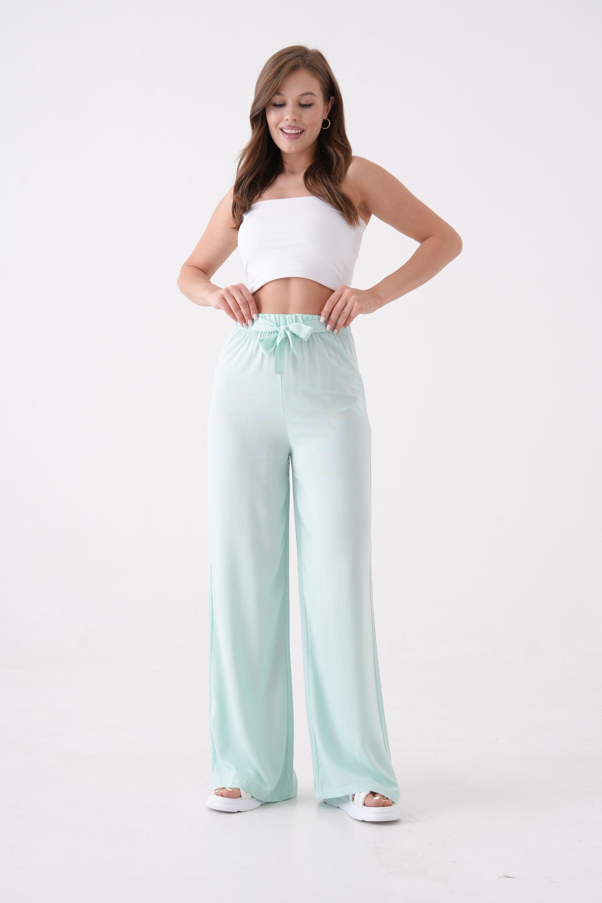 Kadın Yüksek Bel Kuşaklı %100 Viscose Pamuk Geniş Paça Şık Casual Büyük Beden Curve Pantolon