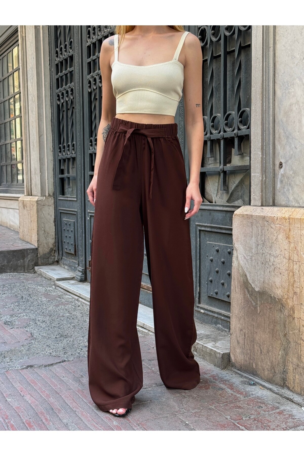 Kadın Yüksek Bel Kuşaklı %100 Viscose Pamuk Geniş Paça Şık Casual Büyük Beden Curve Pantolon