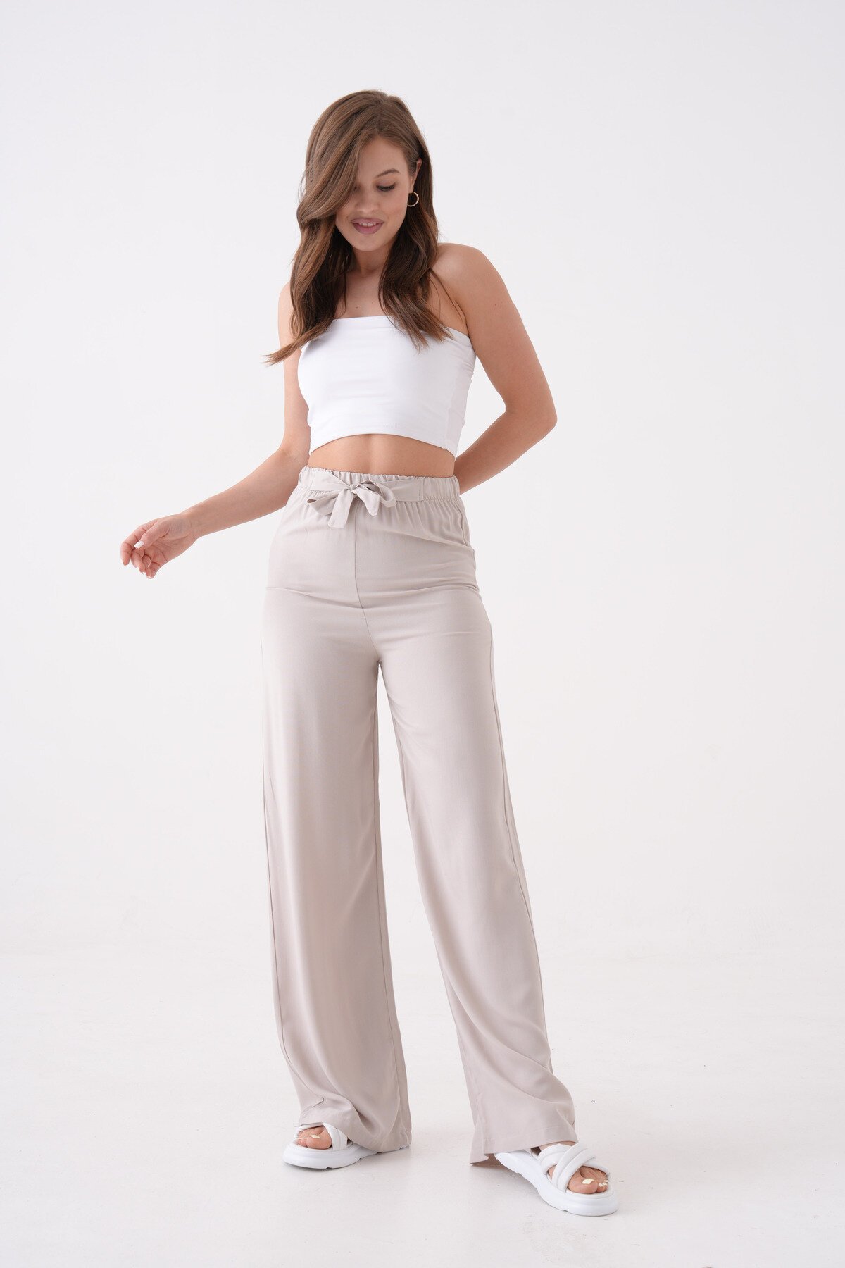 Kadın Yüksek Bel Kuşaklı %100 Viscose Pamuk Geniş Paça Şık Casual Büyük Beden Curve Pantolon