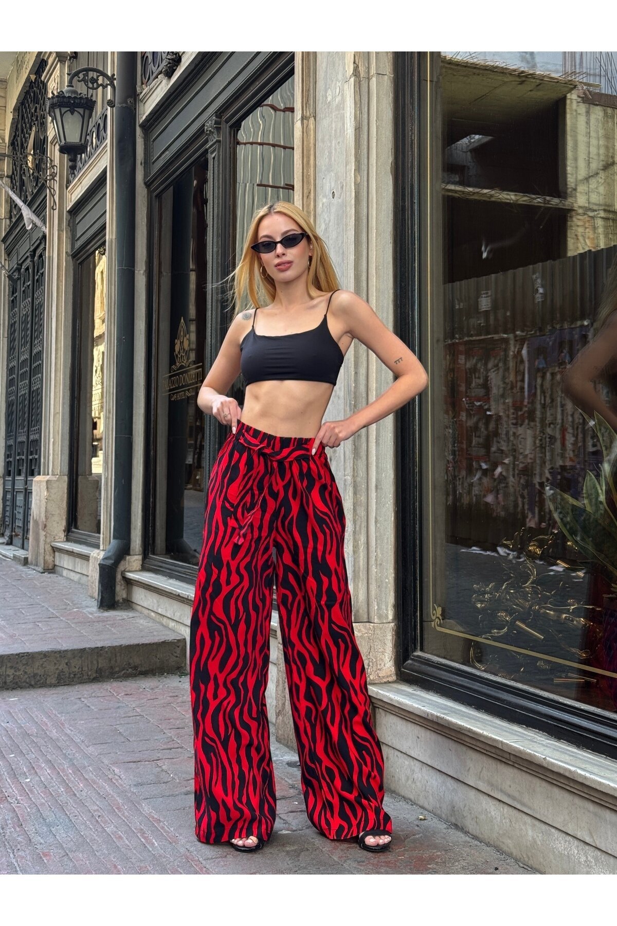 Kadın Yüksek Bel Kuşaklı Desenli %100 Viscose Pamuk Geniş Paça Şık Casual Büyük Beden Curve Pantolon