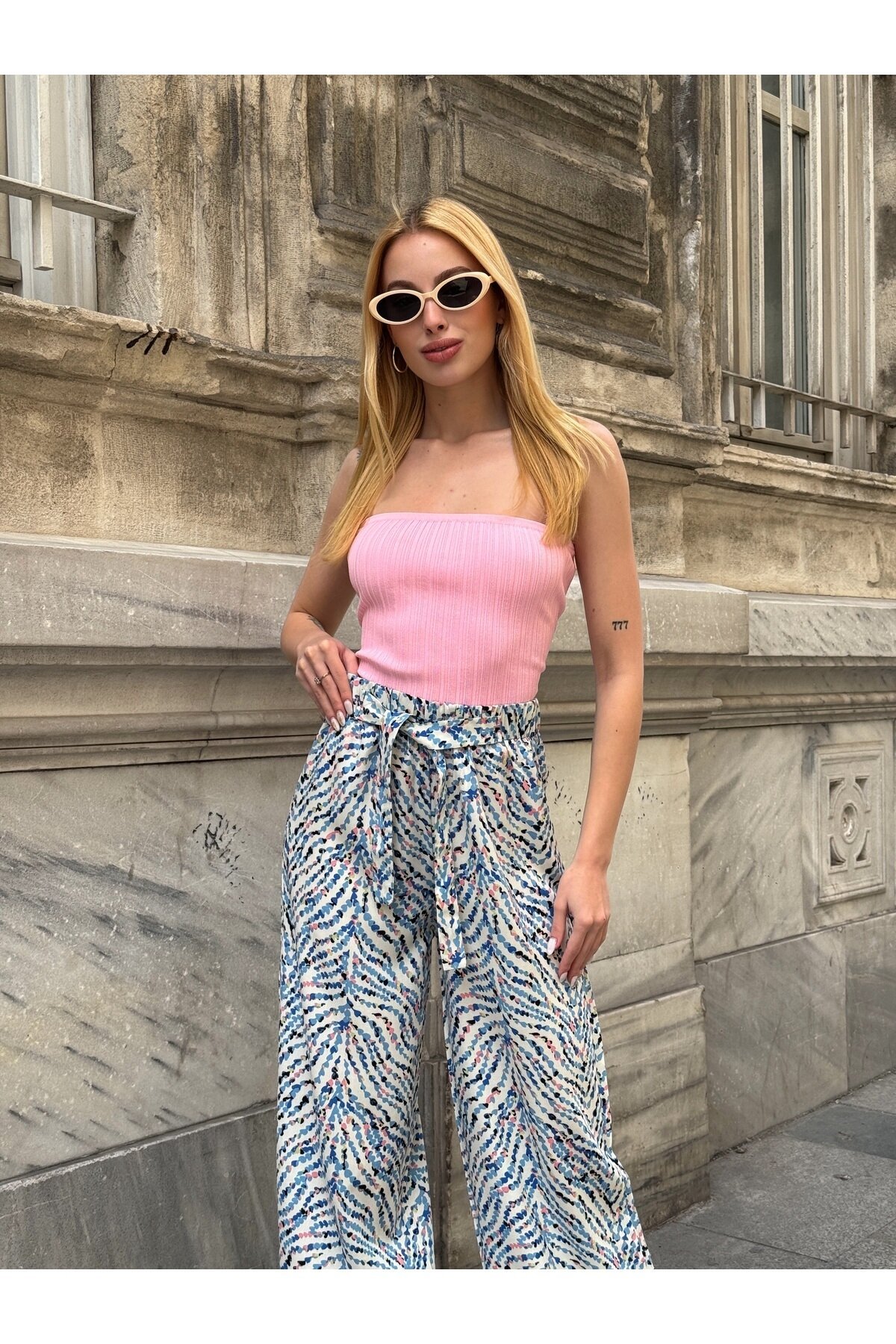 Kadın Yüksek Bel Kuşaklı Desenli %100 Viscose Pamuk Geniş Paça Şık Casual Büyük Beden Curve Pantolon