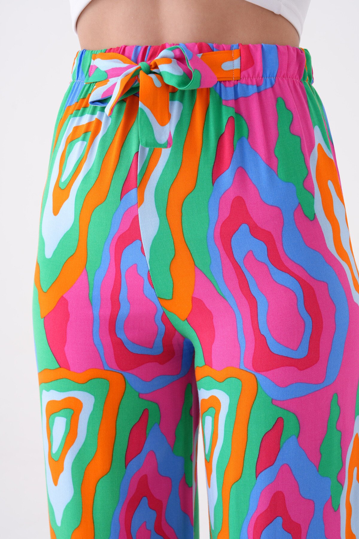 Kadın Yüksek Bel Kuşaklı Desenli %100 Viscose Pamuk Geniş Paça Şık Casual Büyük Beden Curve Pantolon