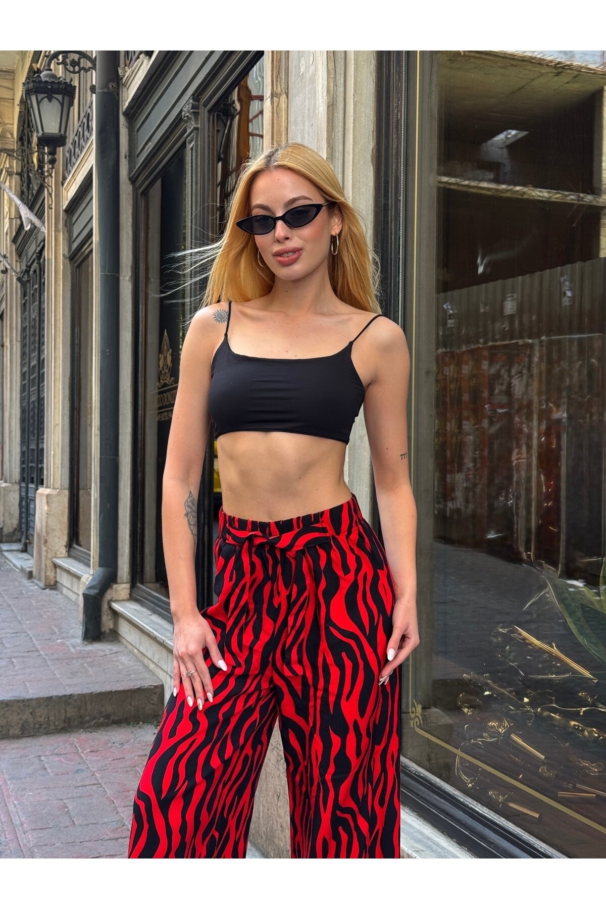 Kadın Yüksek Bel Kuşaklı Desenli %100 Viscose Pamuk Geniş Paça Şık Casual Büyük Beden Curve Pantolon