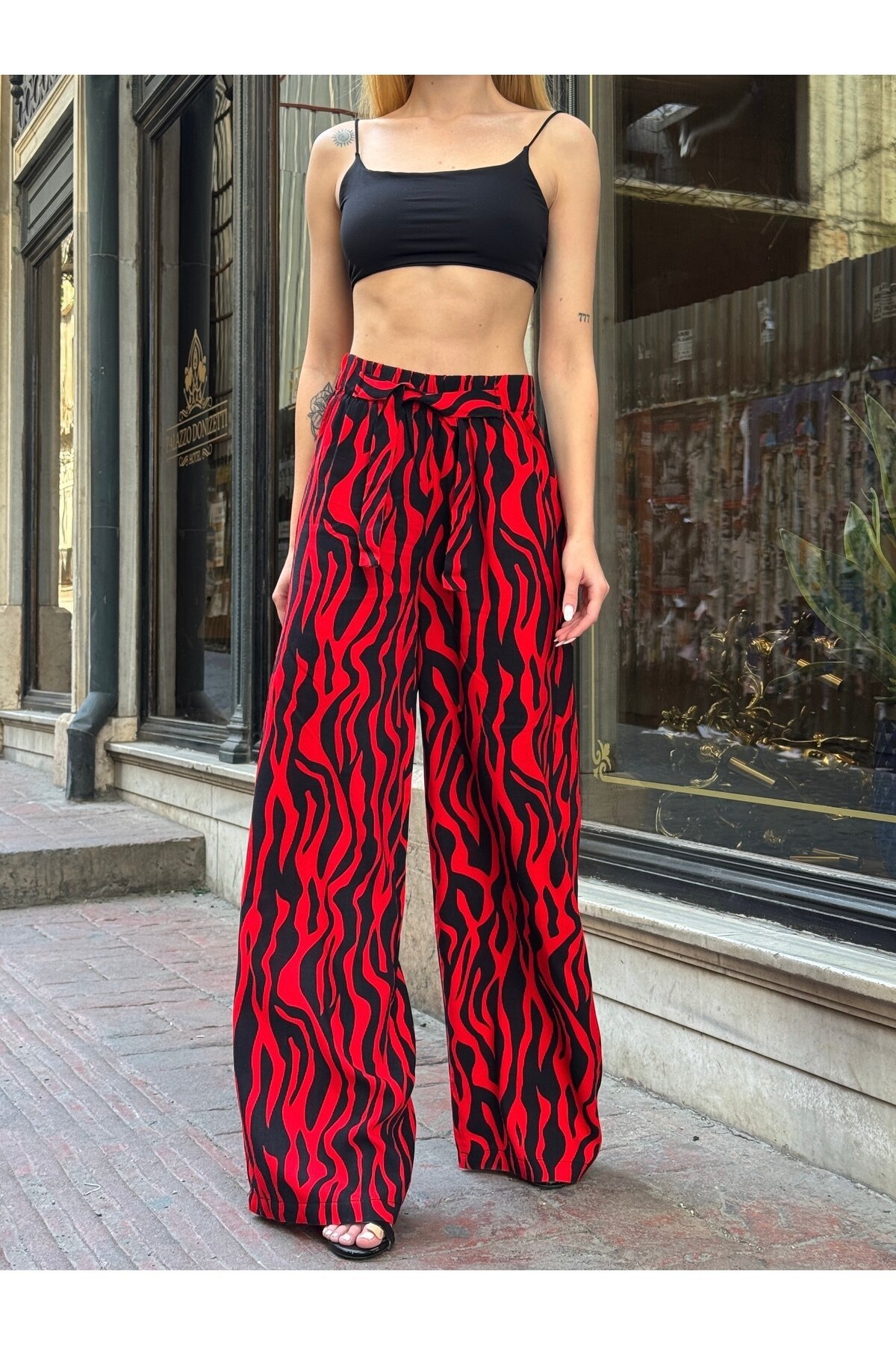 Kadın Yüksek Bel Kuşaklı Desenli %100 Viscose Pamuk Geniş Paça Şık Casual Büyük Beden Curve Pantolon