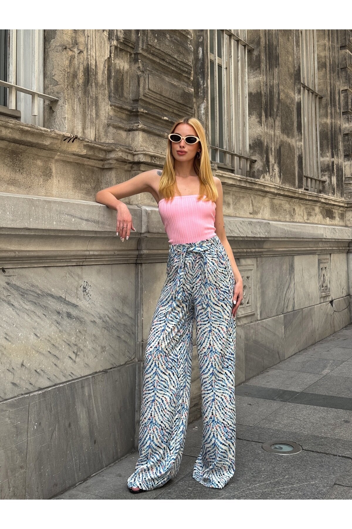 Kadın Yüksek Bel Kuşaklı Desenli %100 Viscose Pamuk Geniş Paça Şık Casual Büyük Beden Curve Pantolon