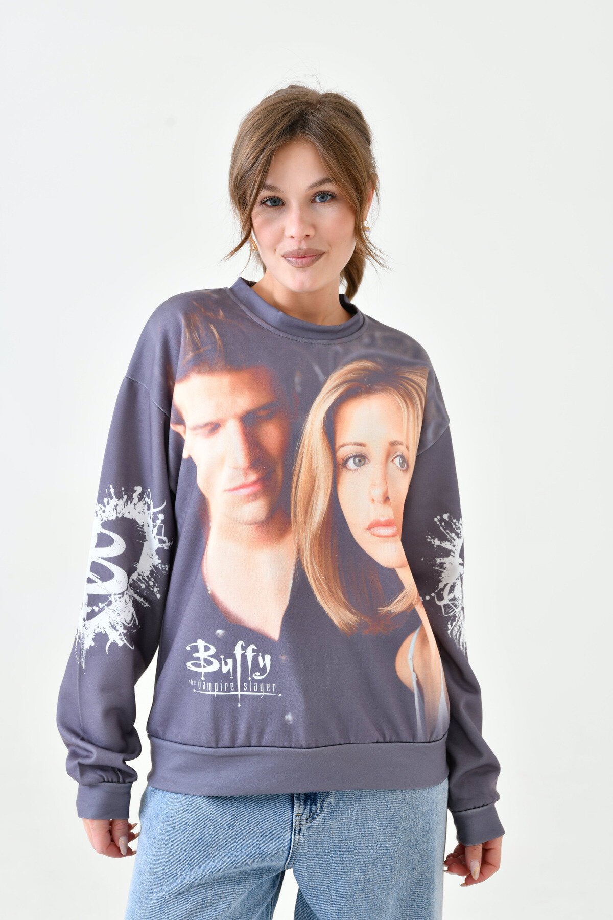 Kadın Yüz Baskılı Oversize Geniş Kalıp Desenli Curve Sweatshirt