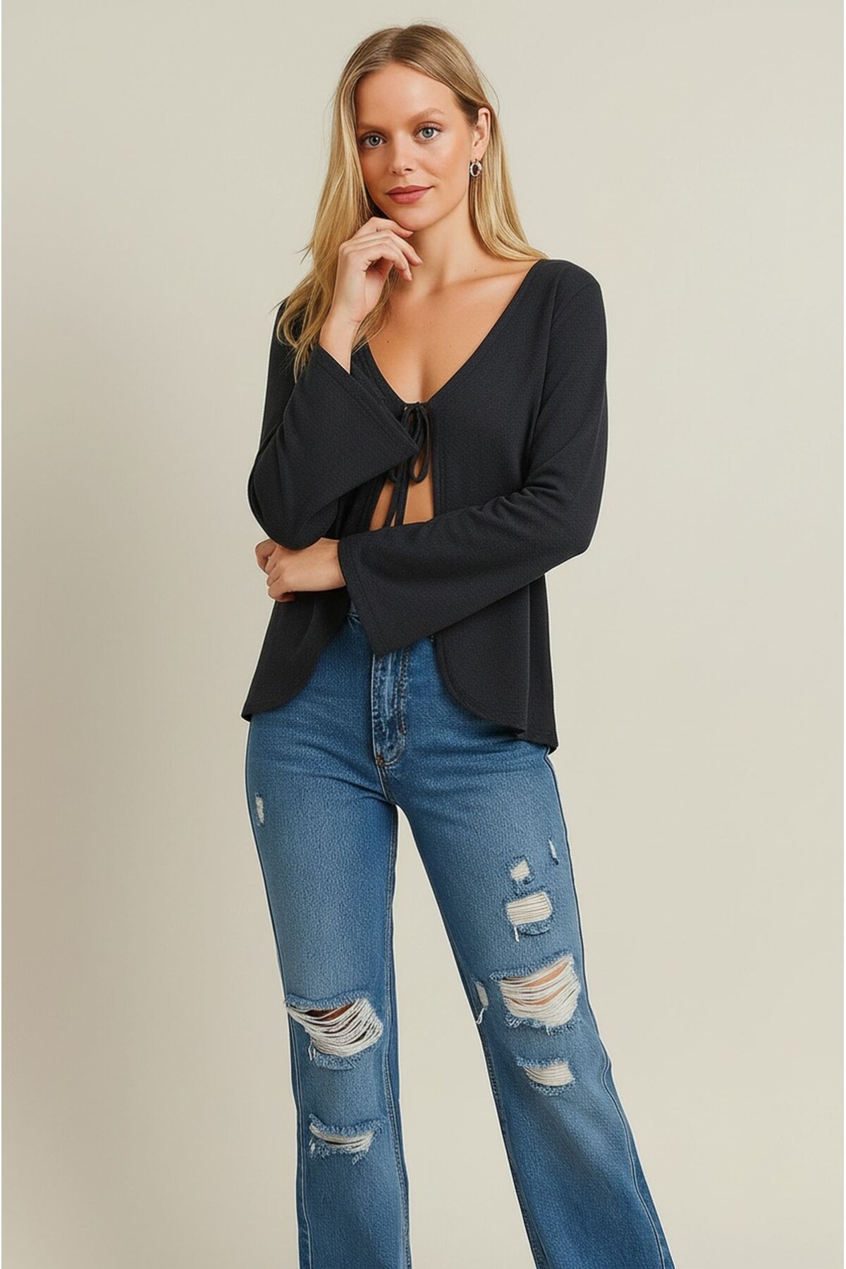 Kadın Antrasit Gri Tam Kalıp Ceket Önden Bağlamalı İspanyol Kol Ceket