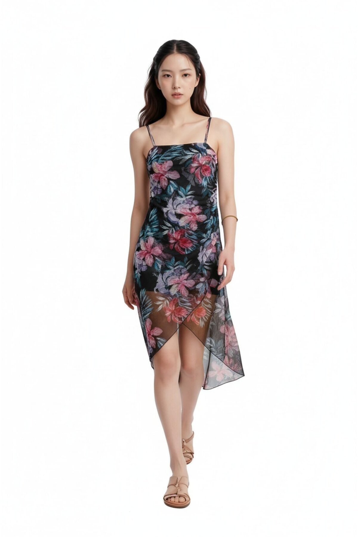 Kadın Askılı Asimetrik Etek Çiçek Desenli Belden Büzgülü Yazlık Şık Tasarım Elbise