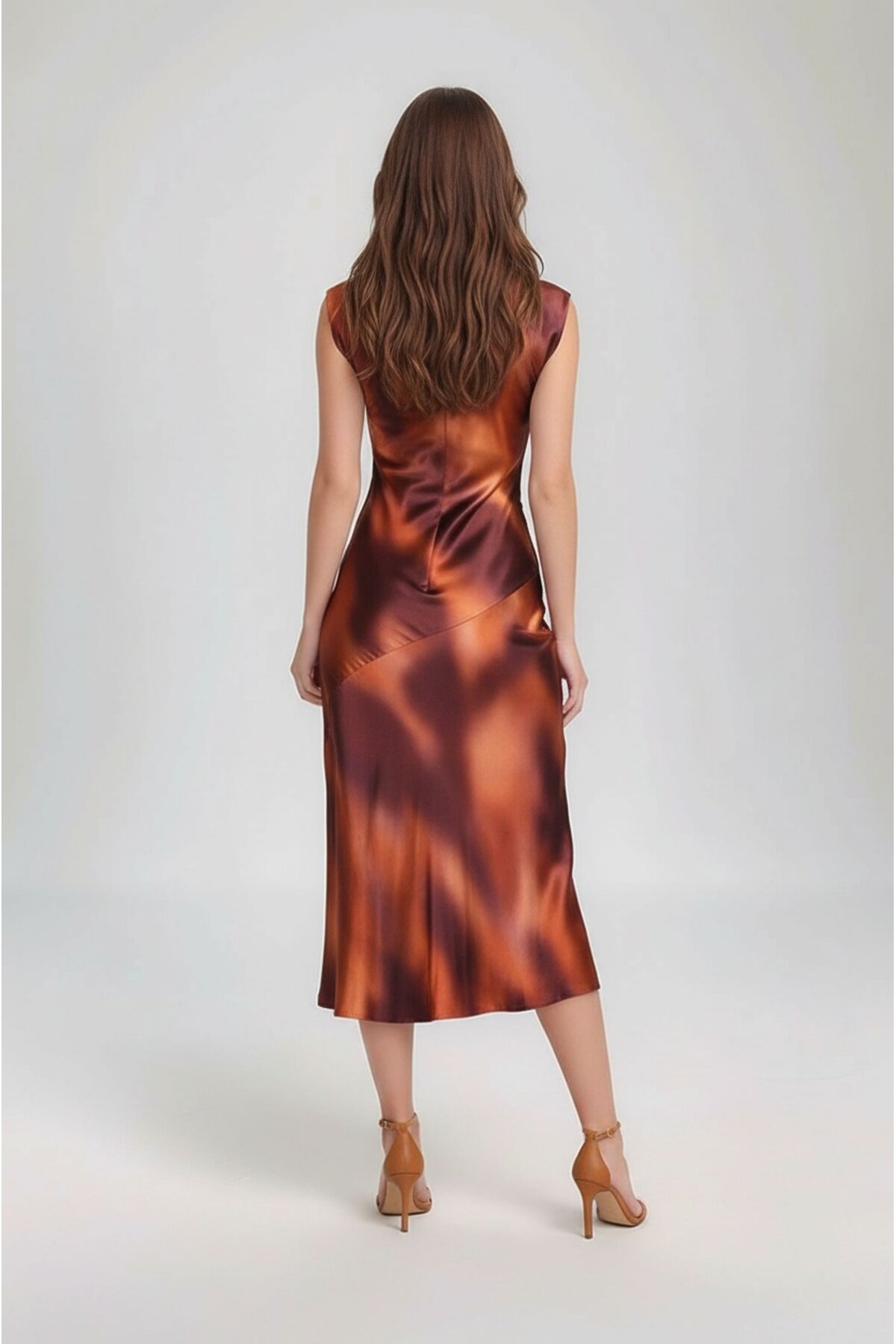 Kadın Ay Kol Bisiklet Yaka Asimetrik Etek Saten Şık Midi Gece Elbisesi