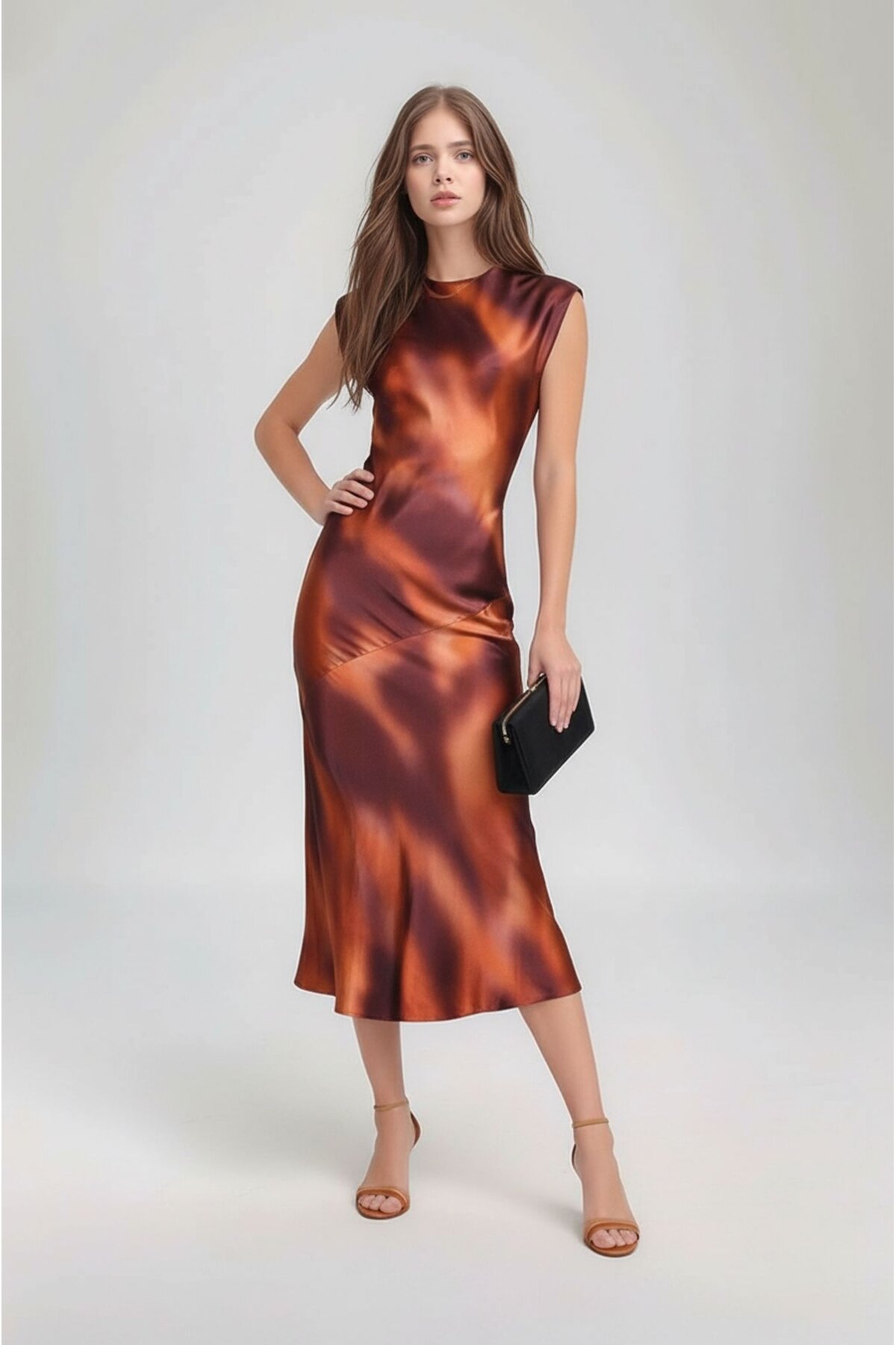 Kadın Ay Kol Bisiklet Yaka Asimetrik Etek Saten Şık Midi Gece Elbisesi