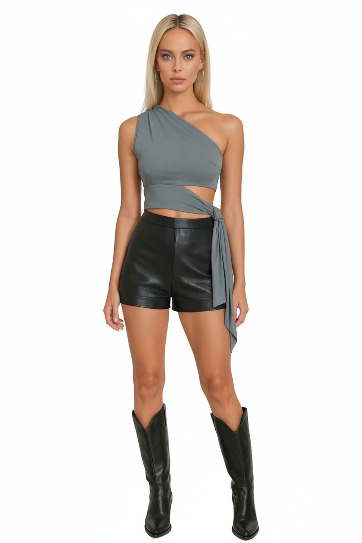 Kadın Belden Bağlama Detay Tek Kol Omzu Açık Spor Şık Rahat Kalıp Croptop Bluz