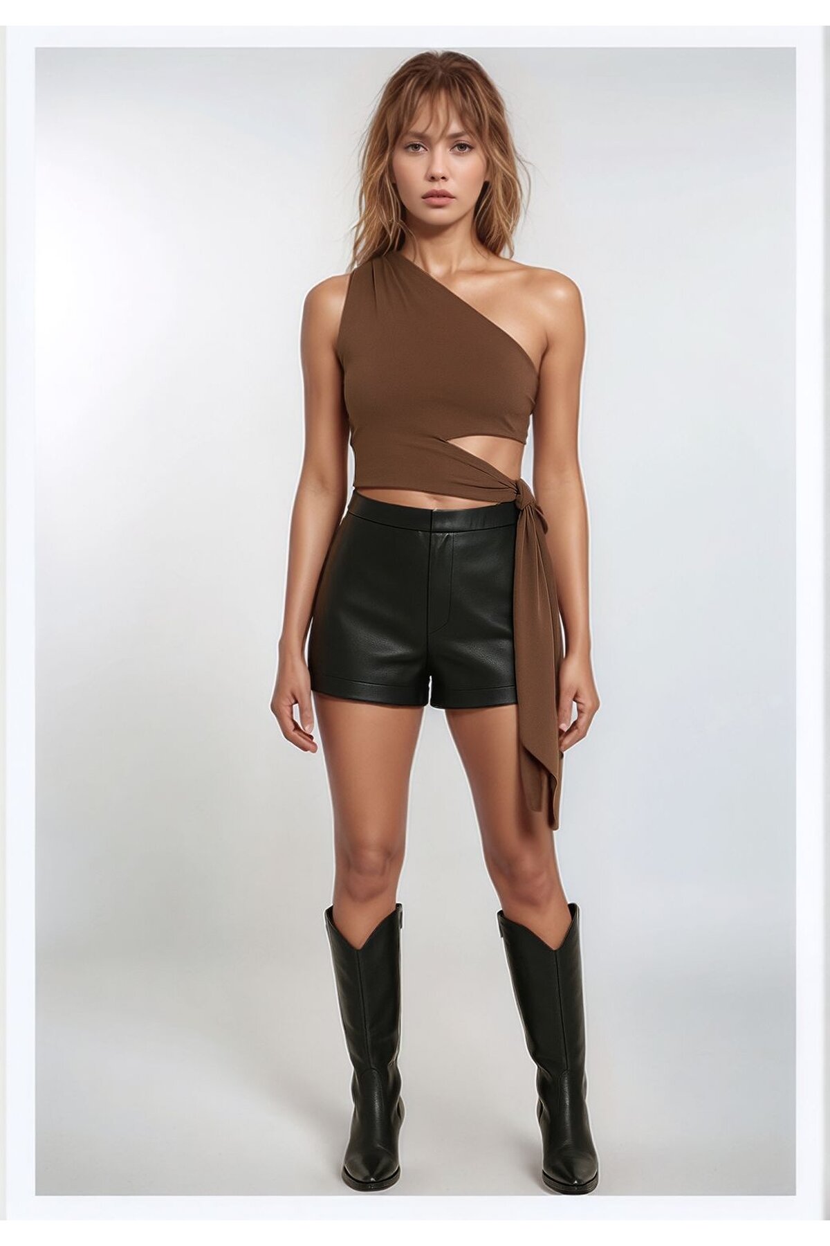 Kadın Belden Bağlama Detay Tek Kol Omzu Açık Spor Şık Rahat Kalıp Croptop Bluz