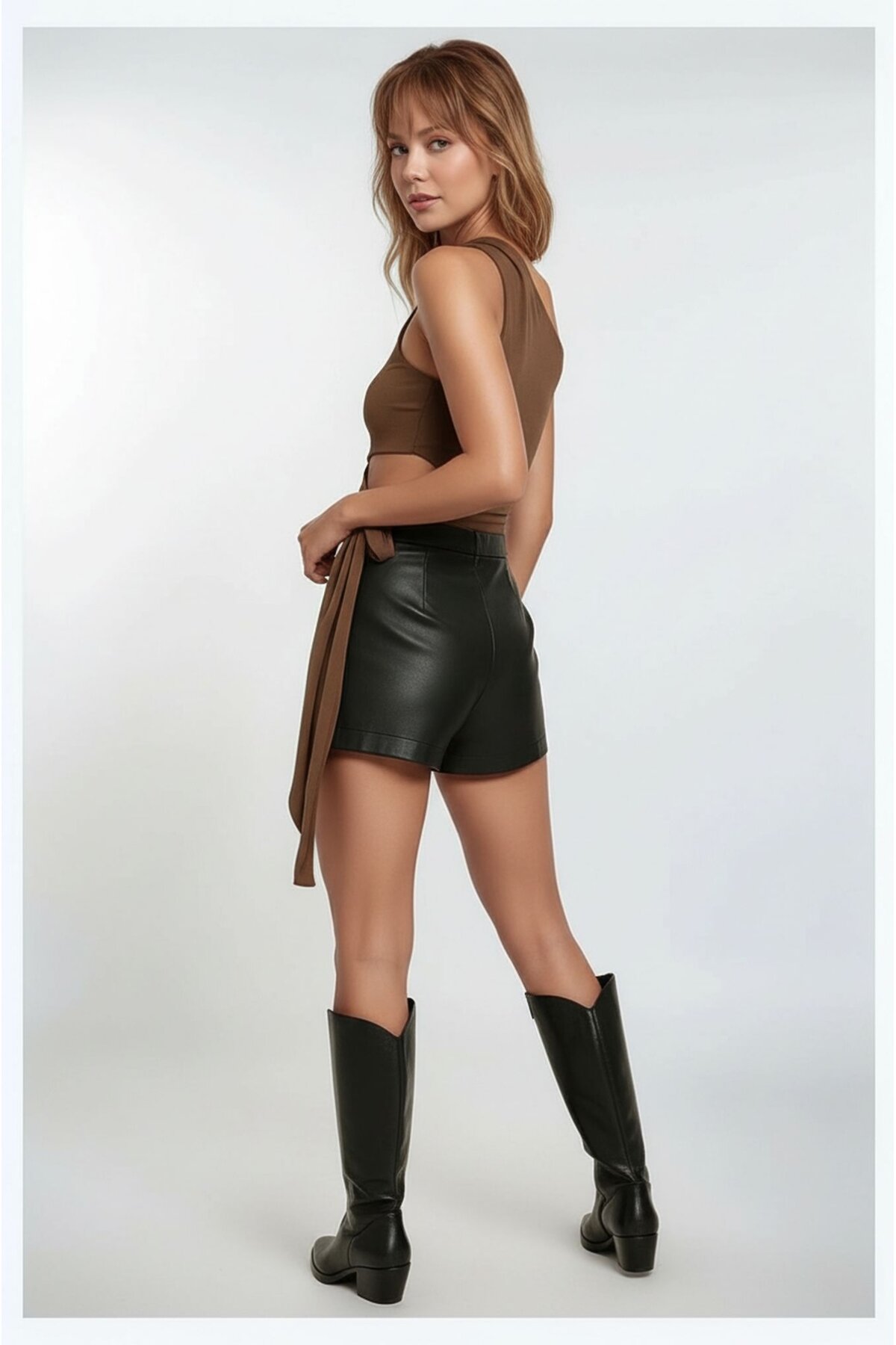 Kadın Belden Bağlama Detay Tek Kol Omzu Açık Spor Şık Rahat Kalıp Croptop Bluz