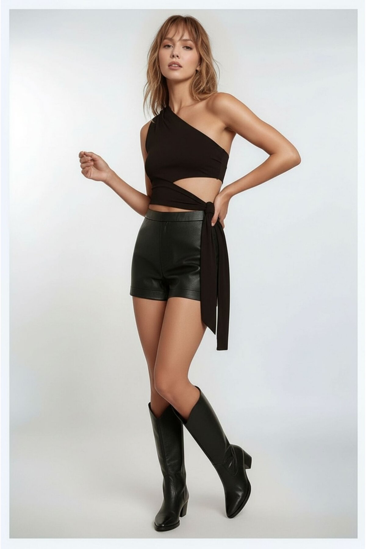 Kadın Belden Bağlama Detay Tek Kol Omzu Açık Spor Şık Rahat Kalıp Croptop Bluz