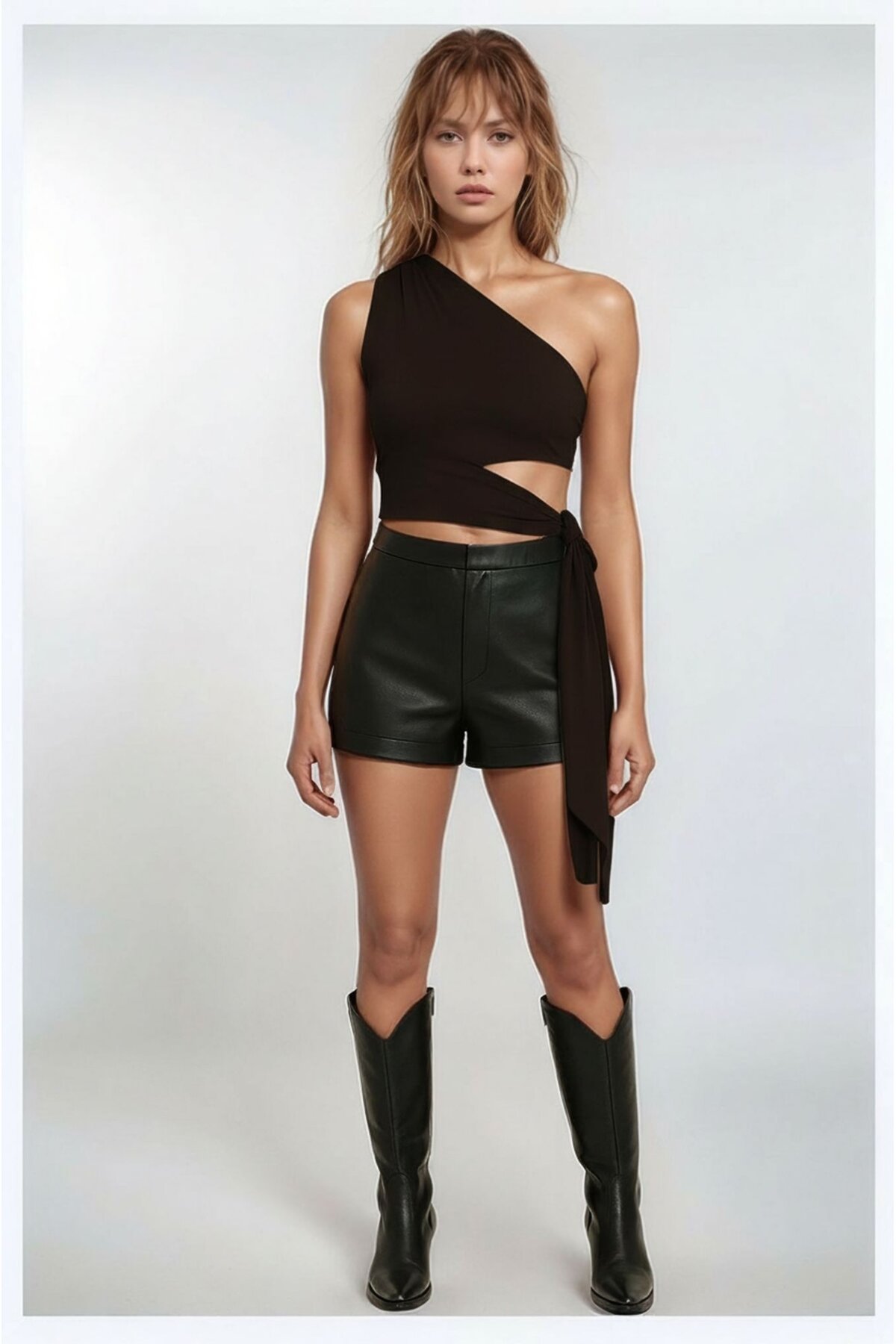 Kadın Belden Bağlama Detay Tek Kol Omzu Açık Spor Şık Rahat Kalıp Croptop Bluz