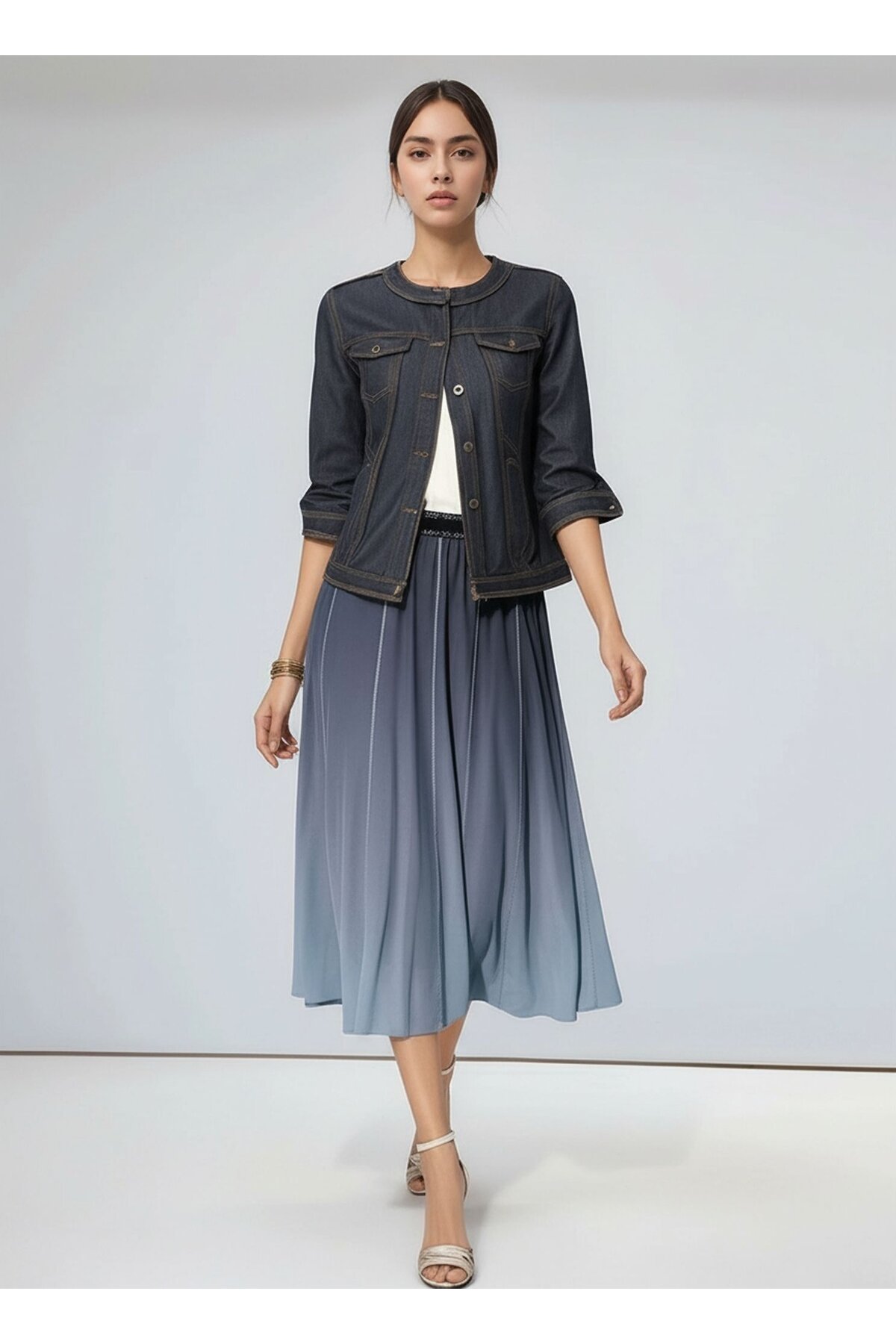 Kadın Beli Lastikli Simli Tül Midi Boy Curve Spor Şık Lacivert Etek