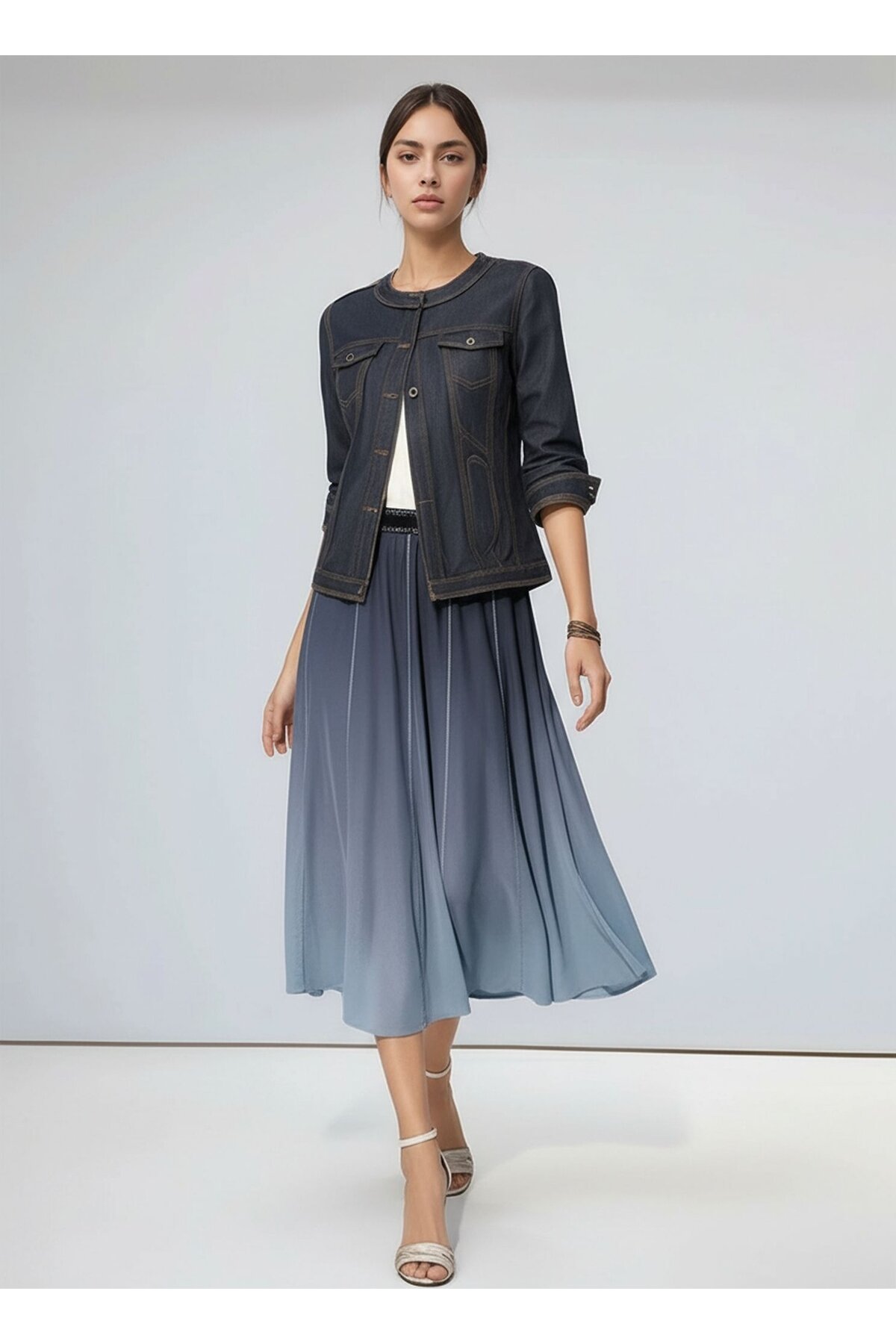 Kadın Beli Lastikli Simli Tül Midi Boy Curve Spor Şık Lacivert Etek