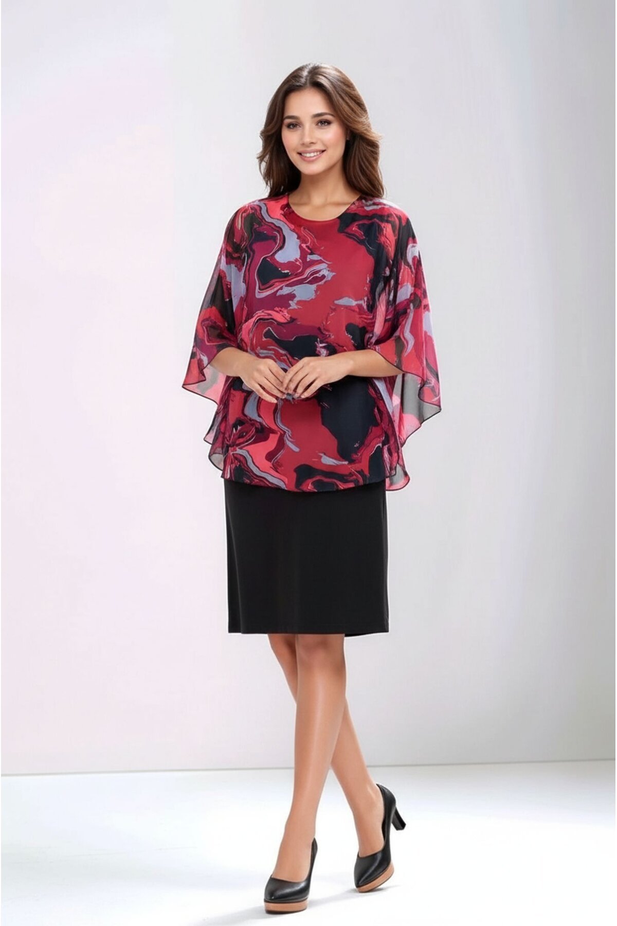 Kadın Bisiklet Yaka Asimetrik Şifon Desenli Yarım Kol Curve Spor Şık Elbise