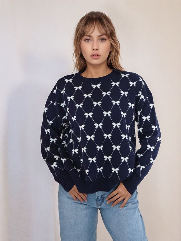 Kadın Bisiklet Yaka Basic Uzun Kol Yaka Kurdele Desenli Spor Şık Triko Kazak