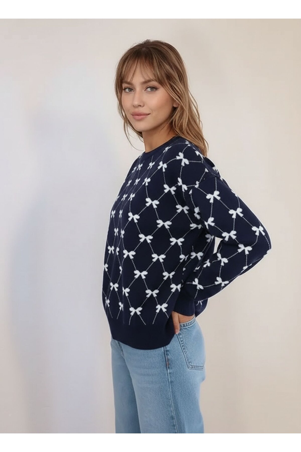 Kadın Bisiklet Yaka Basic Uzun Kol Yaka Kurdele Desenli Spor Şık Triko Kazak