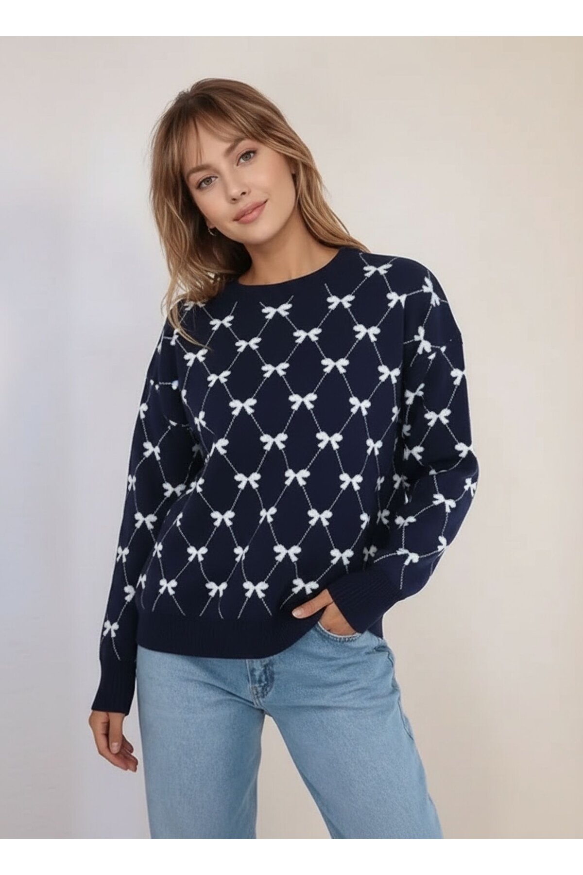 Kadın Bisiklet Yaka Basic Uzun Kol Yaka Kurdele Desenli Spor Şık Triko Kazak