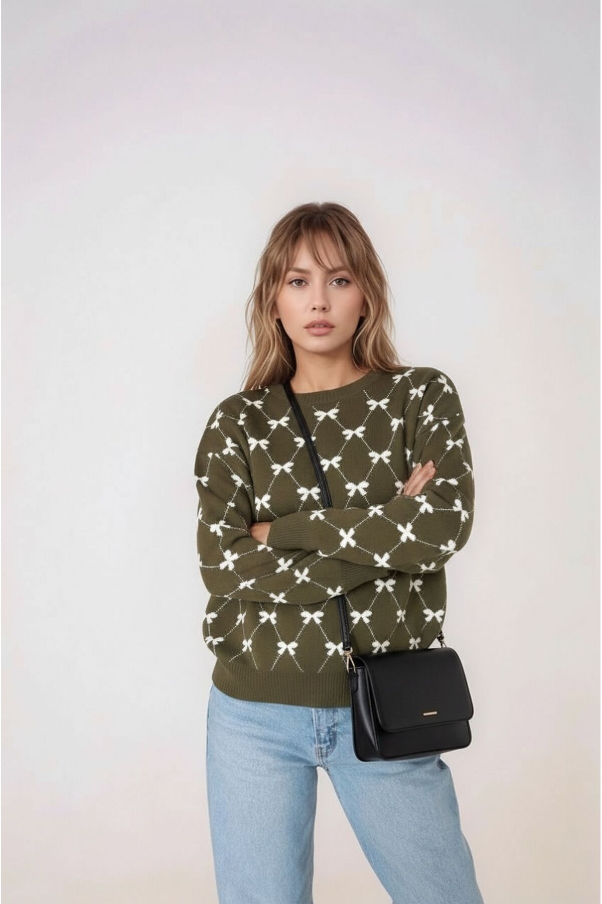 Kadın Bisiklet Yaka Basic Uzun Kol Yaka Kurdele Desenli Spor Şık Triko Kazak