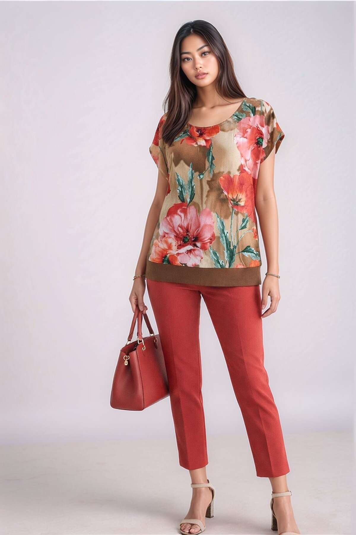 Kadın Bisiklet Yaka Çiçek Desenli Esnek Büyük Beden Geniş Kalıp Curve Viskon Bluz