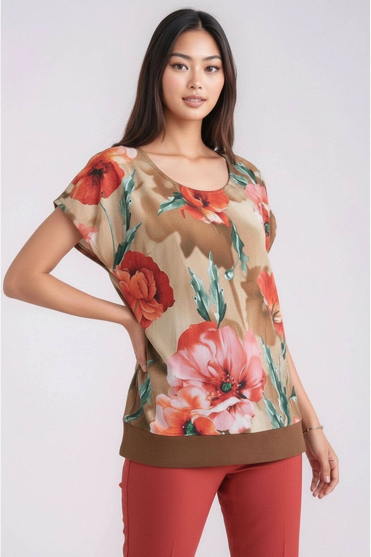 Kadın Bisiklet Yaka Çiçek Desenli Esnek Büyük Beden Geniş Kalıp Curve Viskon Bluz