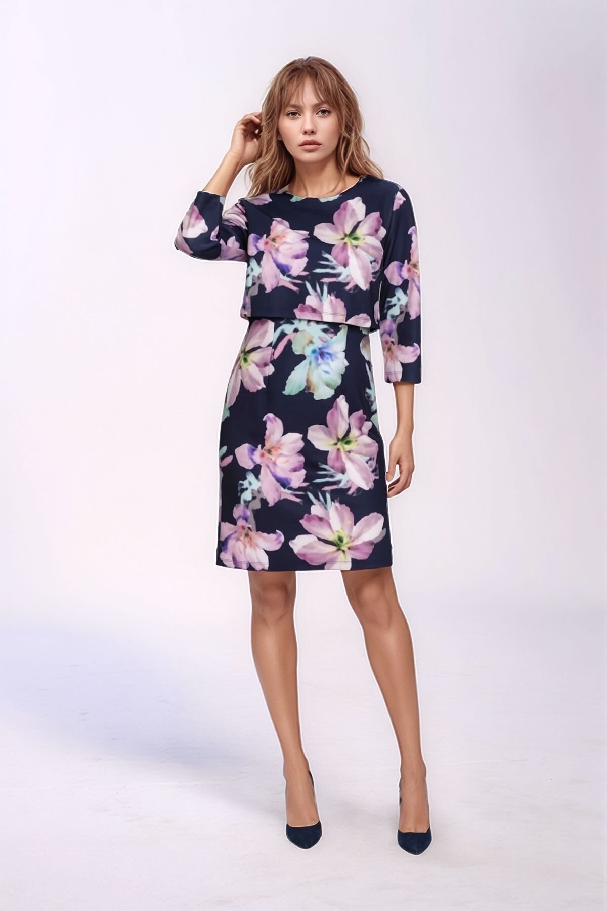 Kadın Bisiklet Yaka Çiçek Desenli Truvakar Kol Tasarım Spor Şık Büyük Beden Curve Elbise