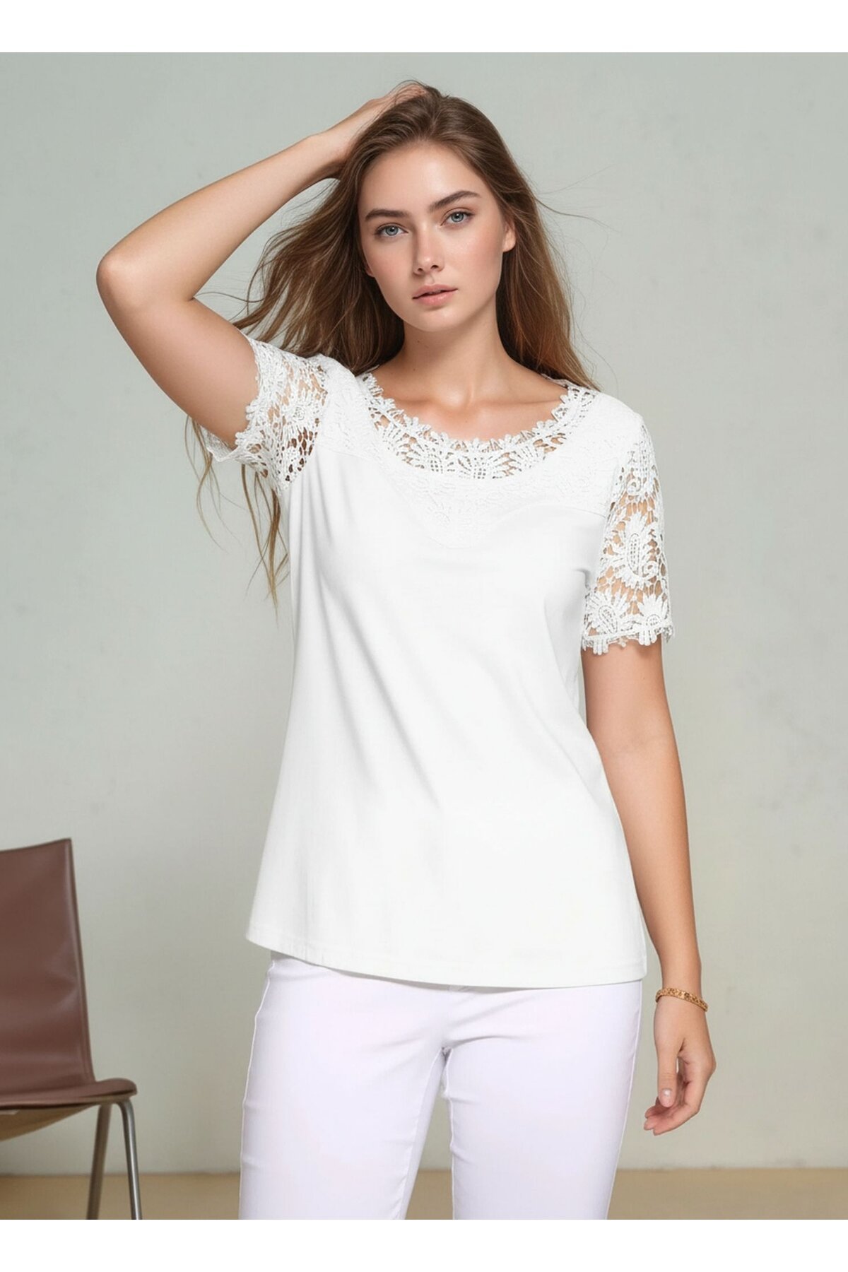 Kadın Bisiklet Yaka Dantel Yarım Kol Spor Şık Büyük Beden Curve Pamuk Bluz