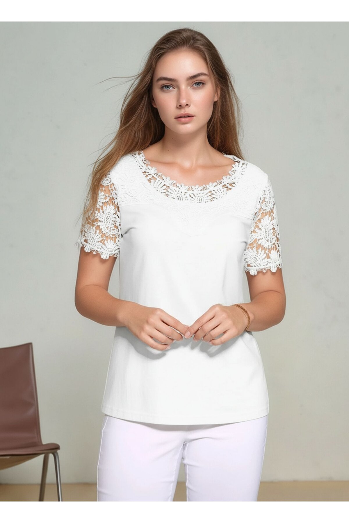 Kadın Bisiklet Yaka Dantel Yarım Kol Spor Şık Büyük Beden Curve Pamuk Bluz