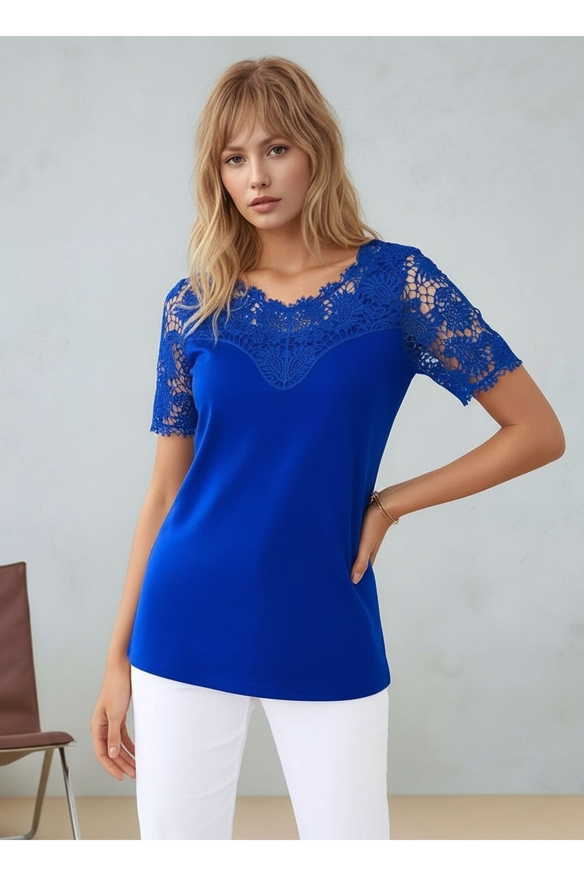 Kadın Bisiklet Yaka Dantel Yarım Kol Spor Şık Büyük Beden Curve Pamuk Bluz