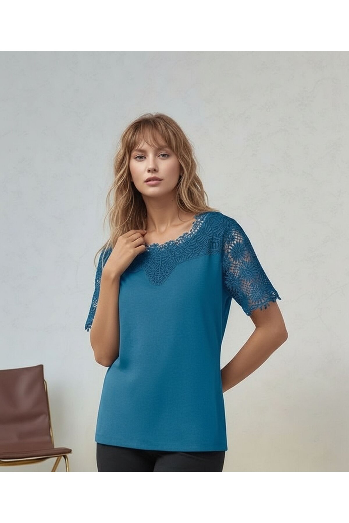 Kadın Bisiklet Yaka Dantel Yarım Kol Spor Şık Büyük Beden Curve Pamuk Bluz
