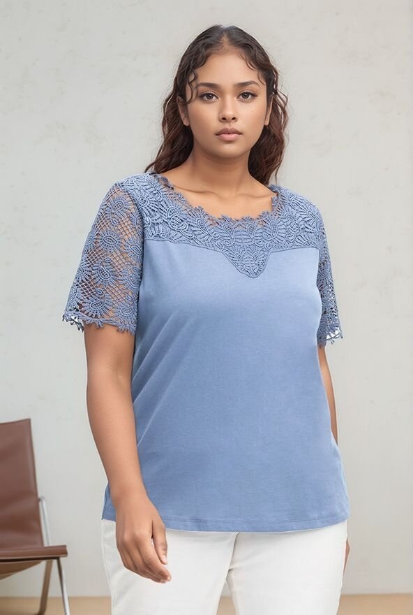 Kadın Bisiklet Yaka Dantel Yarım Kol Spor Şık Büyük Beden Curve Pamuk Bluz