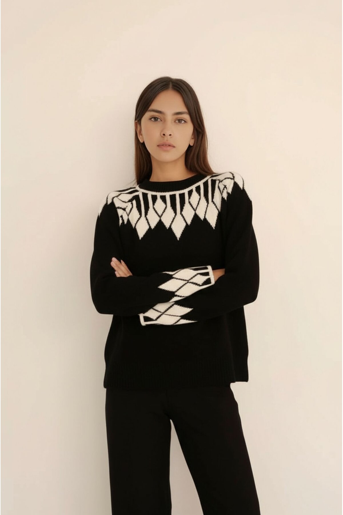 Kadın Bisiklet Yaka Desenli Uzun Kol Spor Şık Triko Kazak Tesettüre Uygun