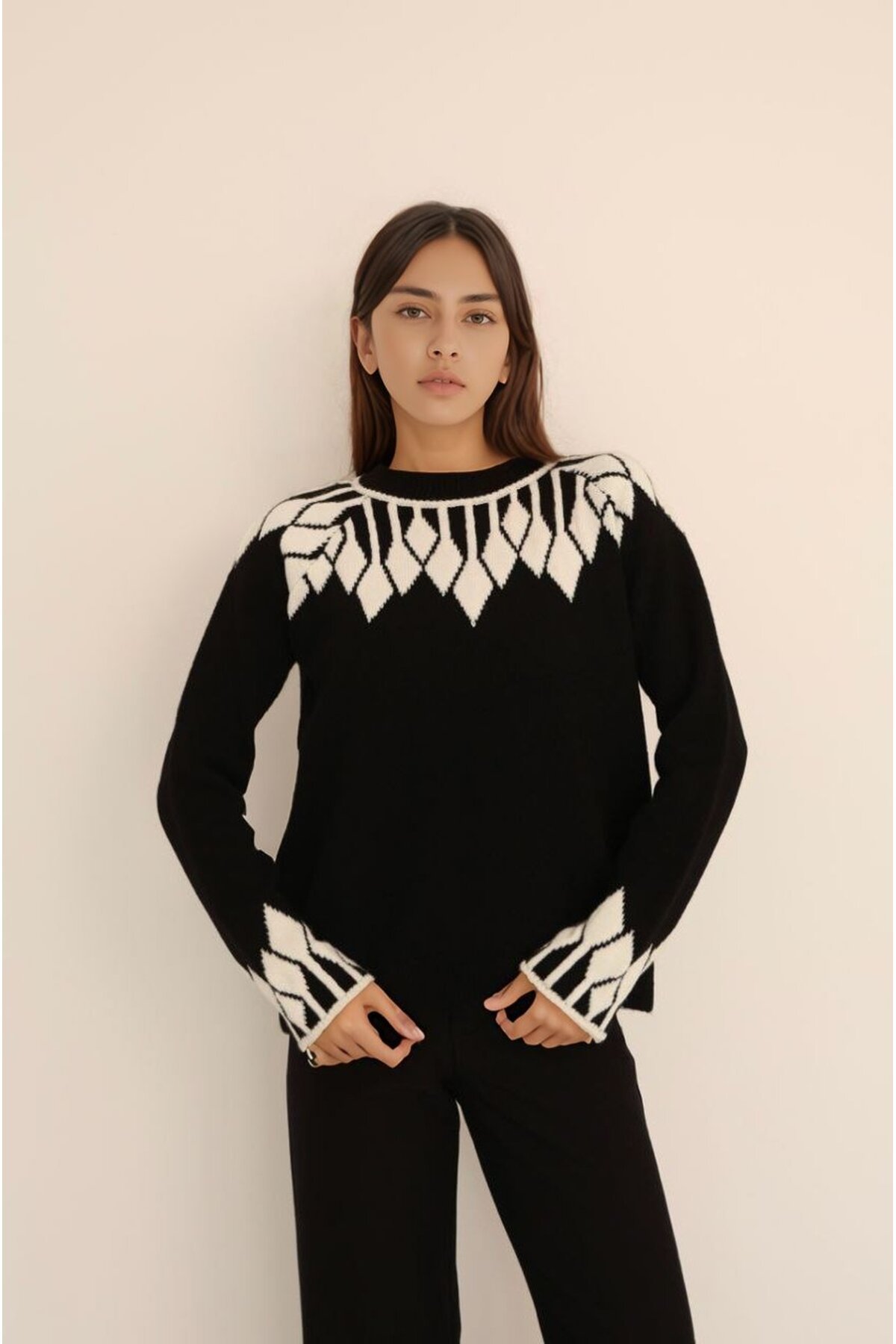 Kadın Bisiklet Yaka Desenli Uzun Kol Spor Şık Triko Kazak Tesettüre Uygun