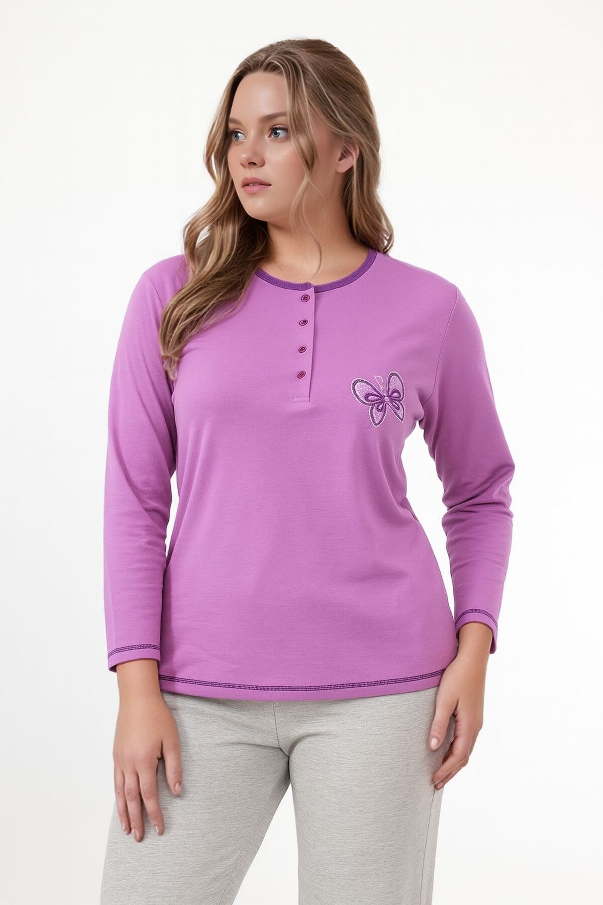 Kadın Bisiklet Yaka Düğmeli Kelebek Nakışlı Uzun Kol Büyük Beden Pamuk Curve Gecelik