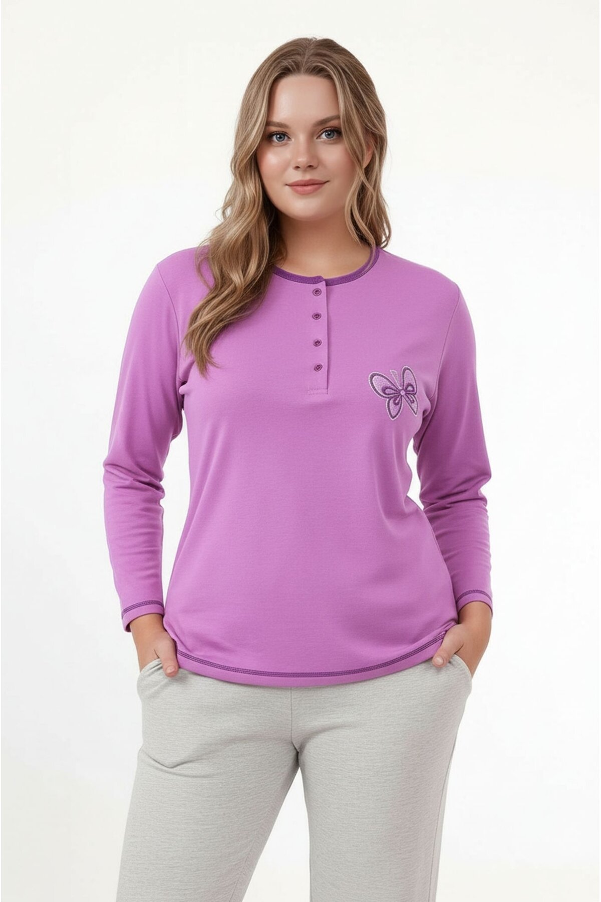 Kadın Bisiklet Yaka Düğmeli Kelebek Nakışlı Uzun Kol Büyük Beden Pamuk Curve Gecelik