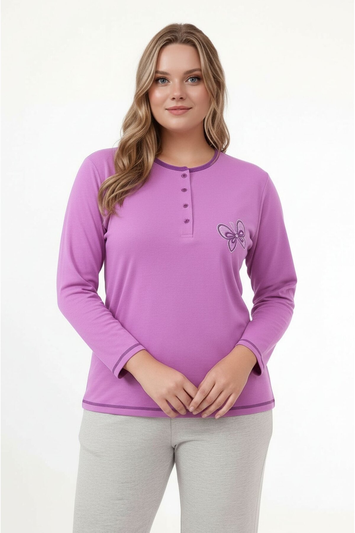 Kadın Bisiklet Yaka Düğmeli Kelebek Nakışlı Uzun Kol Büyük Beden Pamuk Curve Gecelik