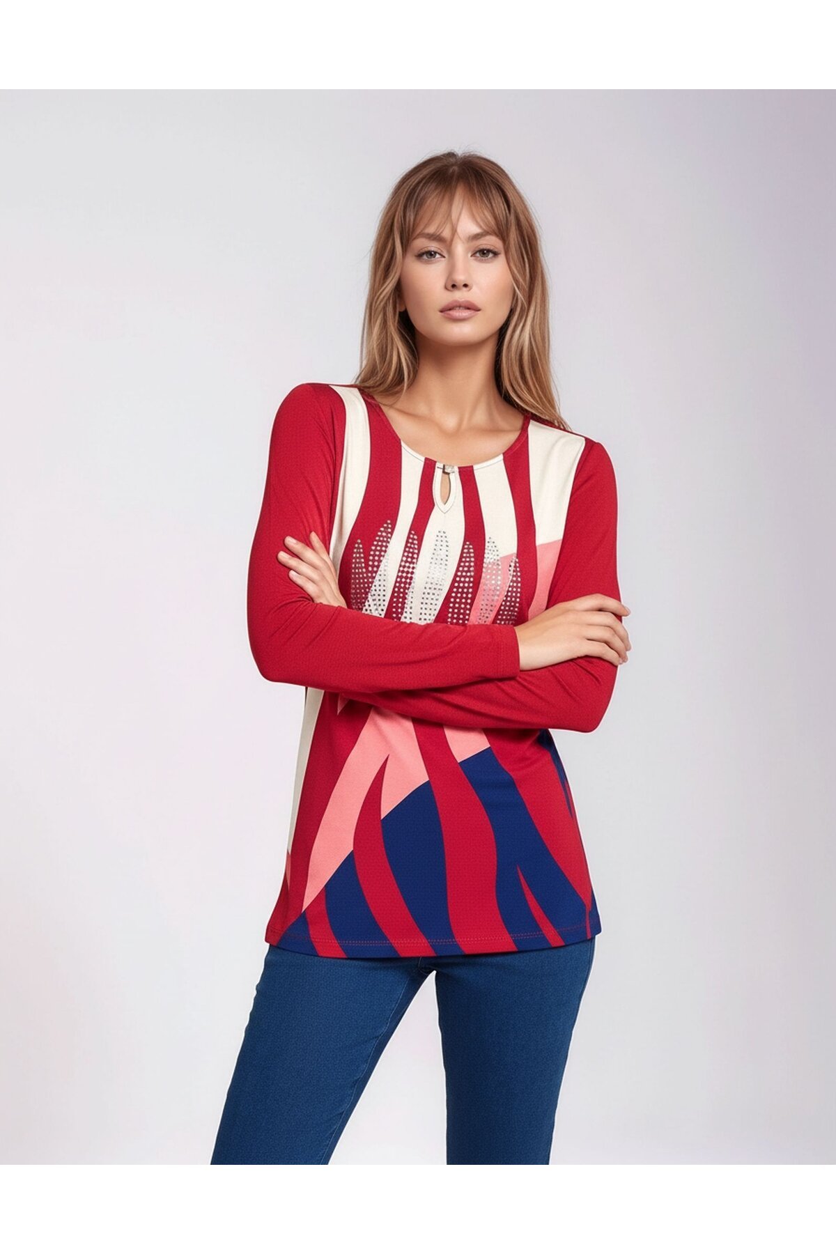 Kadın Bisiklet Yaka Esnek Desenli Taşlı Viskon Uzun Kol Curve Büyük Beden Bluz